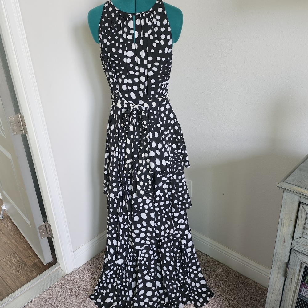 Tahari Arthur S. Levine Maxi Dress Black & White Polka Dot Multi-tiered Sz. 10